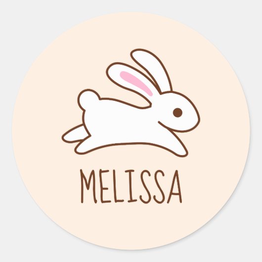 Cute Running Bunny Rabbit Custom Name Beige Ronde Sticker (Voorkant)