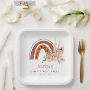Cute Rust Boho Floral Rainbow Any Age Birthday Papieren Bordje