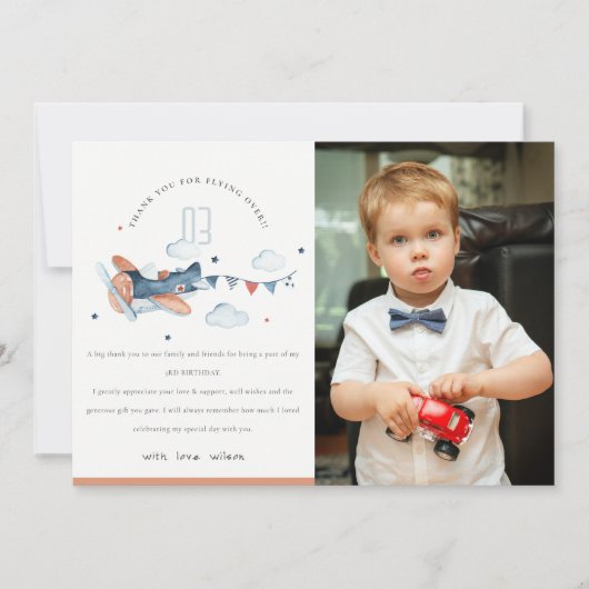 Cute Rust Navy Plane Clouds Kinder Foto van Birthd Bedankkaart (Voorkant)