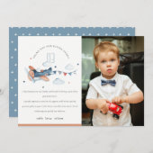 Cute Rust Navy Plane Clouds Kinder Foto van Birthd Bedankkaart (Voorkant / Achterkant)