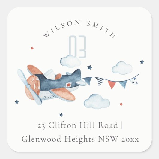 Cute Rust Navy Plane Clouds Stars Sky Adres Vierkante Sticker (Voorkant)