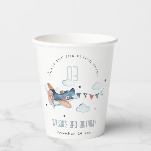 Cute Rust Navy Plane Garland Cloud Stars Birthday Papieren Bekers (Voorkant)