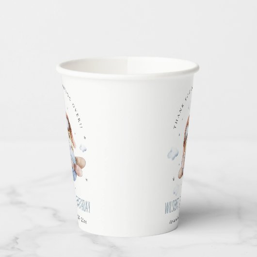 Cute Rust Navy Plane Teddy Cloud Stars Birthday Papieren Bekers (Links)