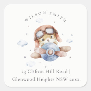 Cute Rust Navy Plane Teddy Cloud Stars Sky Adres Vierkante Sticker