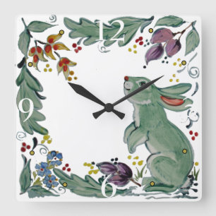 Cute Rustic Blauwgroen Rabbit Bunny Floral Folk Te Vierkante Klok