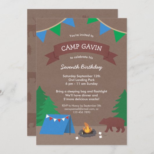 Cute Rustic Camping Birthday Party Kaart (Voorkant / Achterkant)