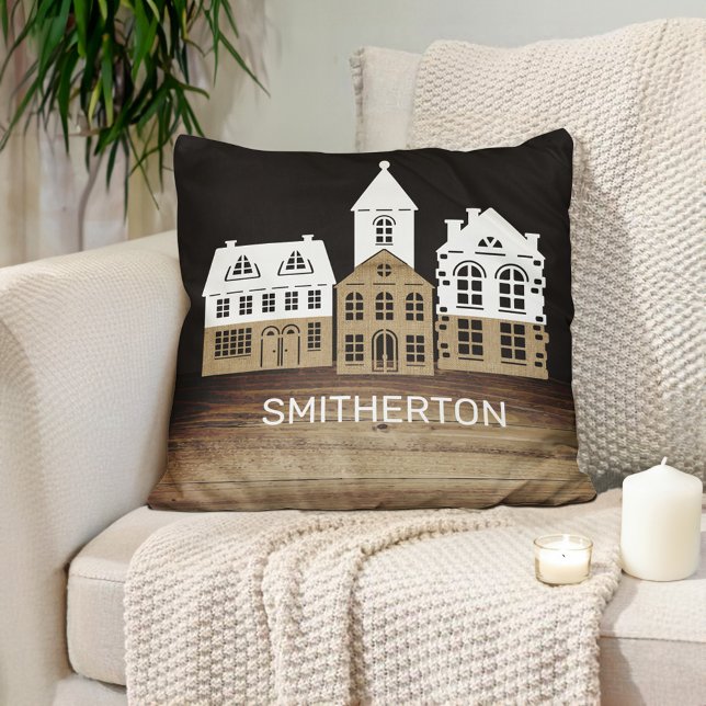 Cute Rustic Farmhouse Village Black White Burlap Kussen (Brown, black, and white rustic country village decorator pillow personalized with your name.)