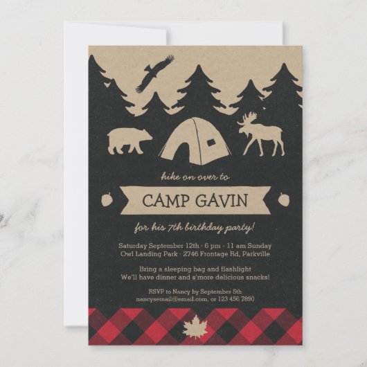 Cute Rustic Flannel Camping Invitation de fête d'a (Devant)