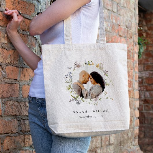 Cute Rustic Meadow Floral Wreath Photo Wedding Tote Bag