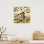 Cute Rustic  Nederlandse Waterverf windmolen Poster (Keuken)