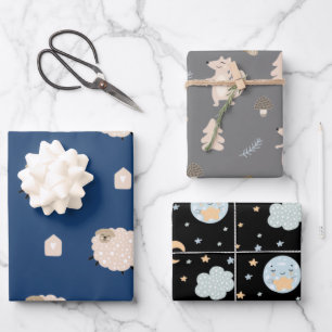 Cute Rustic Scandinavian Sheep Fox Moon Baby Boy Inpakpapier Vel