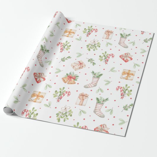 Cute Rustic Waterverf kerstpatroon Cadeaupapier (Uitgerold)