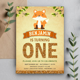 Cute Rustic Woodland Fox First Birthday Invitation Kaart