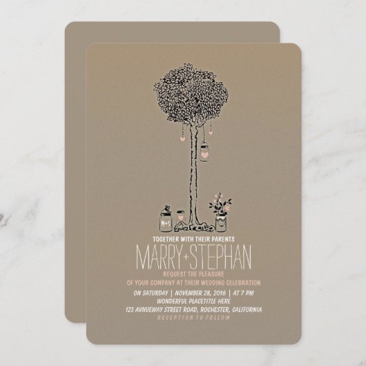 Cute rustige tree and mason jars trouwuitnodiging kaart (Voorkant / Achterkant)