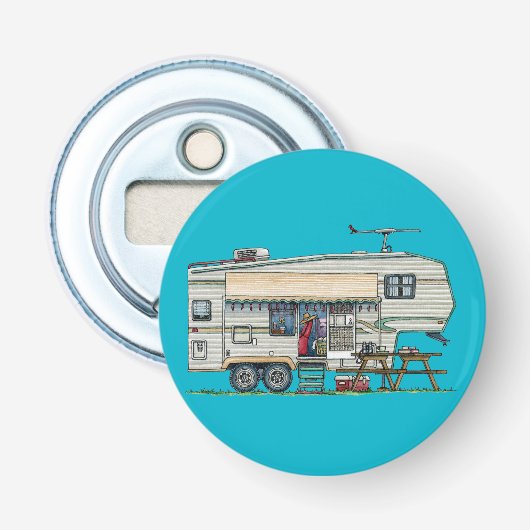 Cute RV Fifth Wheel Camper Travel Trailer Button Flesopener (Voorkant)