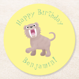 Cute Saber Toothed Tiger Smilodon cartoon Ronde Kartonnen Onderzetter