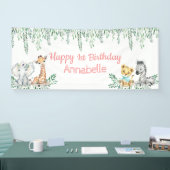 Cute Safari Animal Greenery Oerwoud First Birthday Spandoek (Beurs)