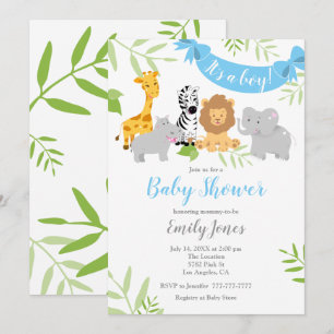 Cute Safari Animals Baby shower Boy Invitation Kaart
