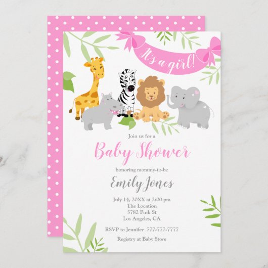 Cute Safari Animals Baby shower Girl Invitation Kaart (Voorkant / Achterkant)