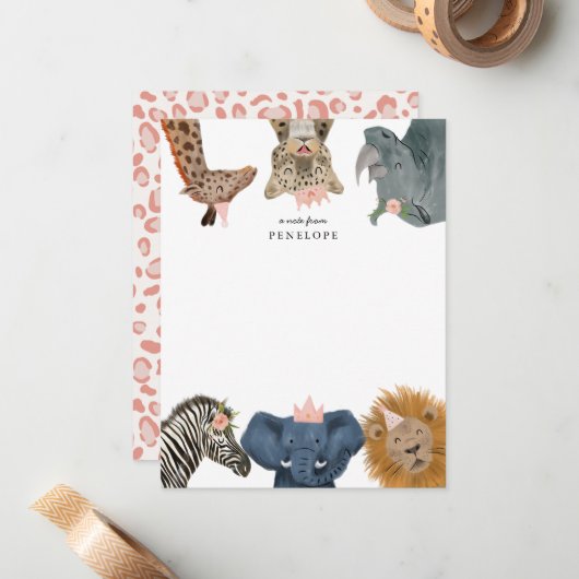Cute Safari Animals Girls Note Card Notitiekaartje (Voorkant / Achterkant in situ)