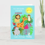 Cute Safari Animals Grandson Bonne Carte Anniversa<br><div class="desc">de très mignons animaux sauvages caricaturaux,  y compris la girafe,  l'hippo,  le lion,  l'éléphant,  le perroquet et le singe cinglé ; un design aussi amusant et coloré et facile à customiser avec un nom,  un âge et un message,  pour cette touche spéciale supplémentaire sans frais supplémentaires.</div>