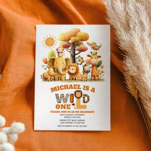Cute Safari Animals Jungle WILD ONE 1st Birthday Kaart