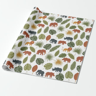 Cute Safari Animals & Leaves Birthday  Cadeaupapier