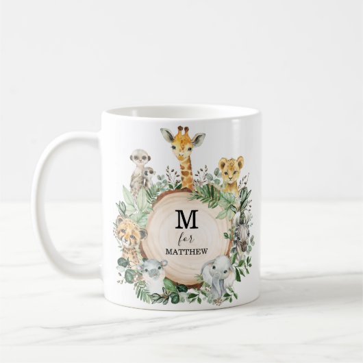 Cute Safari Animals Oerwoud Greenery Boy Monogram Koffiemok (Links)