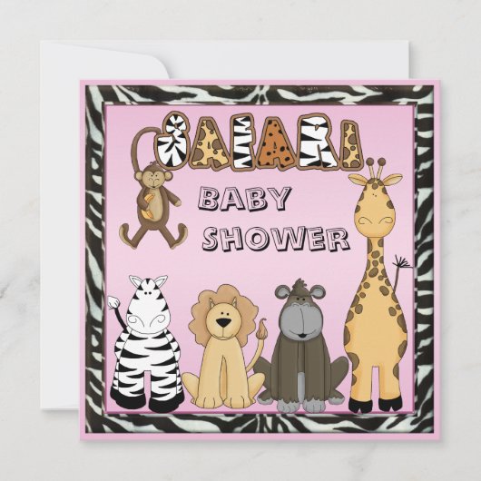 Cute Safari Animals Roze Baby Girl Shower Kaart (Voorkant)