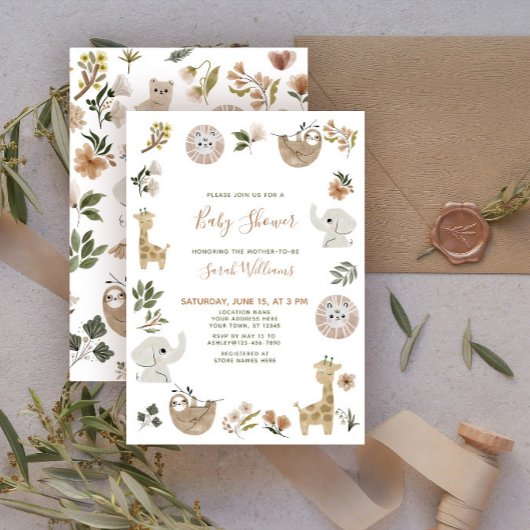 Cute Safari Animals Script Brown Boho Baby shower Kaart