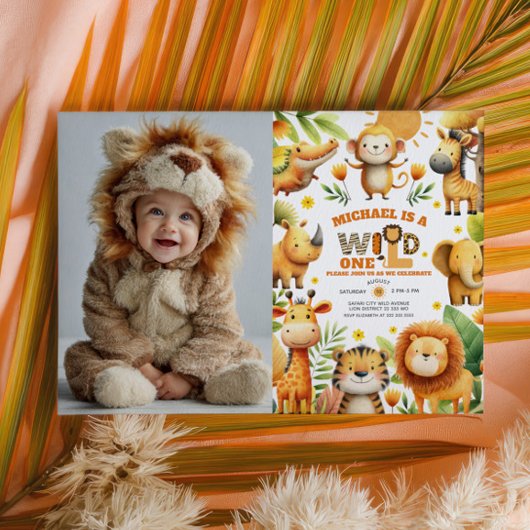 Cute Safari Animals WILD ONE 1st Birthday Photo Kaart