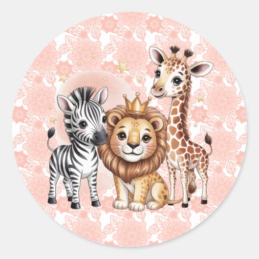 Cute Safari Animals With Pink Florals Ronde Sticker (Voorkant)