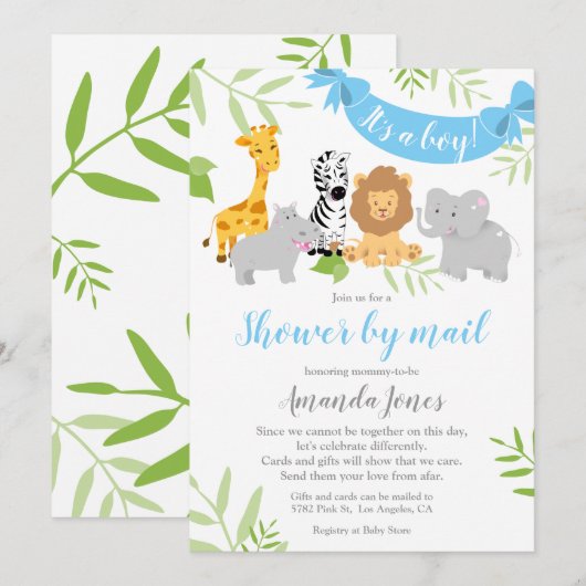 Cute Safari Animaux Baby shower Boy Invitation (Devant / Derrière)