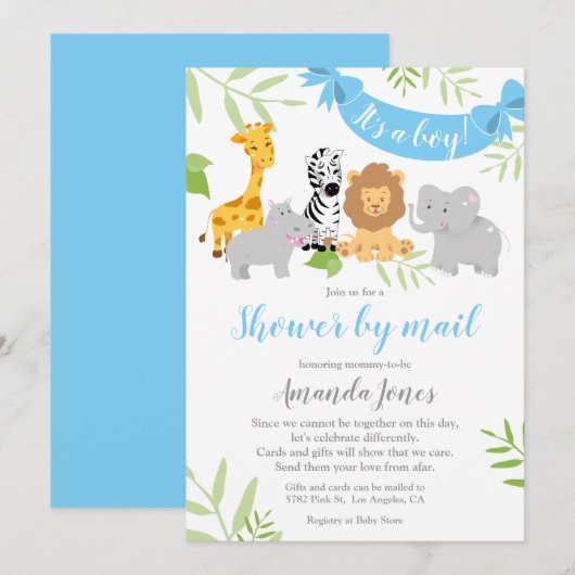Cute Safari Animaux Baby shower Boy Invitation (Devant / Derrière)