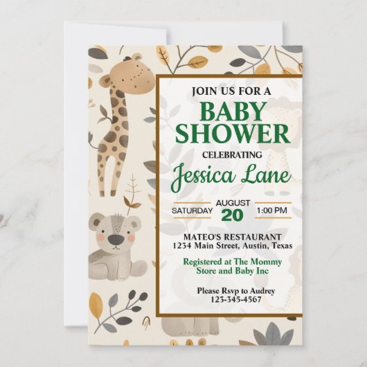 Cute Safari Animaux Baby shower Invitation (Devant)