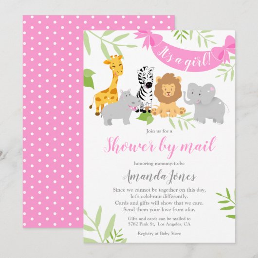 Cute Safari Animaux Baby shower Invitation fille (Devant / Derrière)