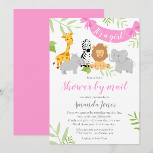 Cute Safari Animaux Baby shower Invitation fille (Devant / Derrière)