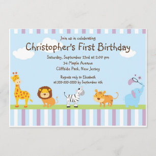 Cute Safari Baby Animals Birthday Party Invitation Kaart