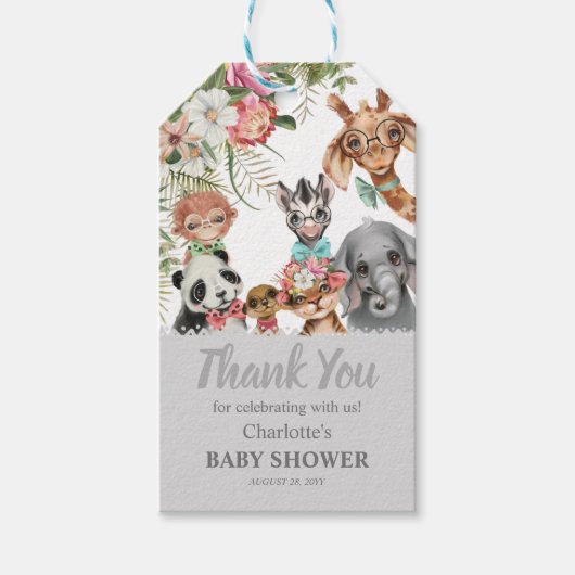 Cute Safari Dieren Wilde Eén Jongen Baby Shower Cadeaulabel (Voorkant)