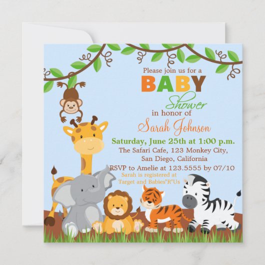 Cute Safari Jungle Animaux Baby shower Invitation (Devant)