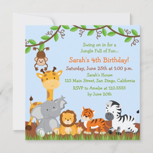 Cute Safari Jungle Anniversaire Invitations (Devant)