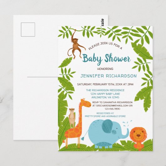 Cute Safari Jungle Baby shower animal Invitation (Devant / Derrière)