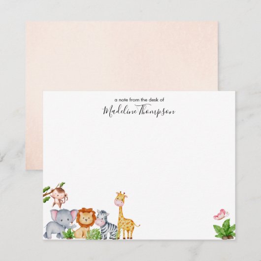 Cute Safari Jungle Dieren Kinderen Elegante Script Notitiekaartje (Voorkant / Achterkant)