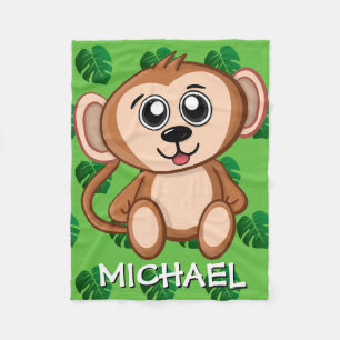 Cute Safari Monkey Green Cartoon Oerwoud Name Fleece Deken