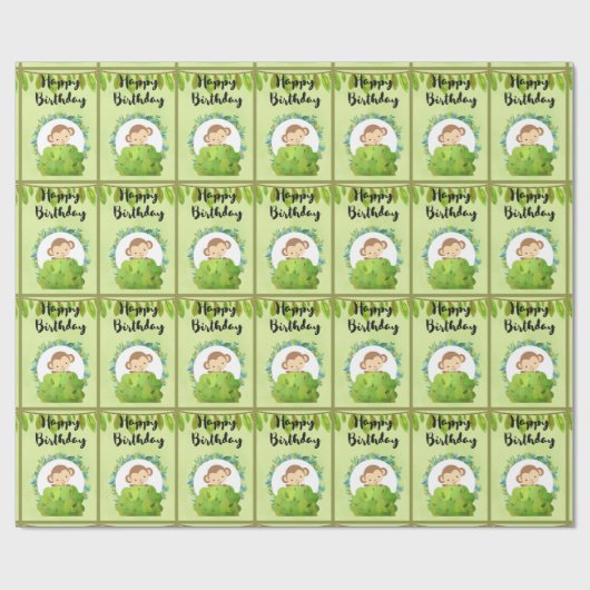 Cute Safari Monkey Happy Birthday Pattern Cadeaupapier (Vlak)