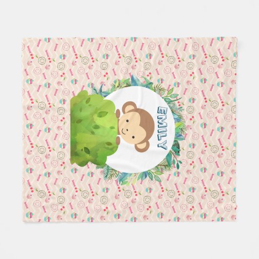 Cute Safari Monkey over Snoep Pattern Persoonlijk Fleece Deken (Voorkant (Horizontaal))