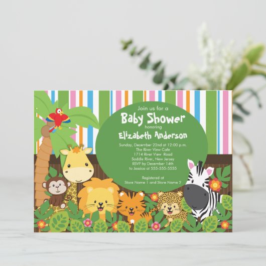 Cute Safari Oerwoud Animals Baby Shower Invitation Kaart (Staand voorkant)