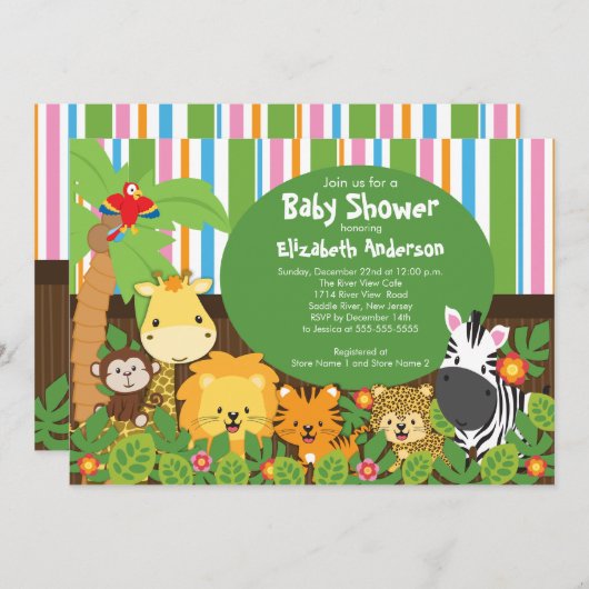 Cute Safari Oerwoud Animals Baby Shower Invitation Kaart (Voorkant / Achterkant)