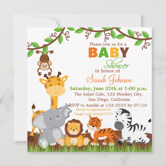 Cute Safari Oerwoud Animals Baby shower Invitation Kaart (Voorkant)