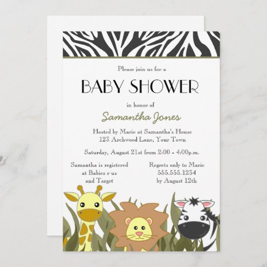 Cute Safari Oerwoud Baby shower Uitnodiging (Voorkant / Achterkant)